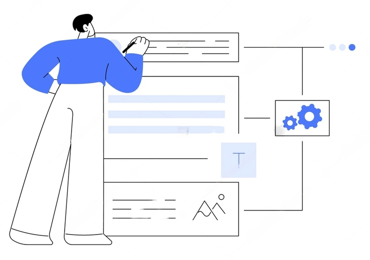 A person assembling scattered blocks of text and media into one structured document
